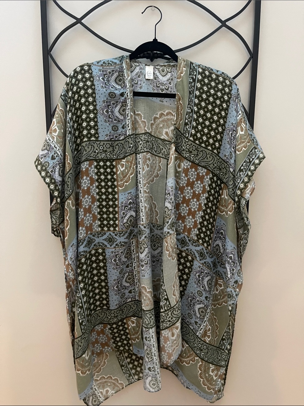 Lightweight Patchwork Print Kimono Top - Olive Blue